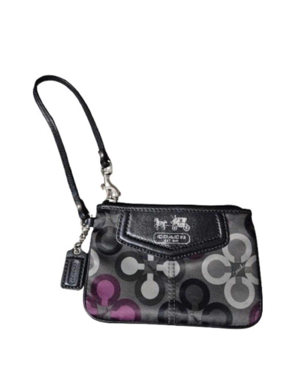 Coach Top Zip Wristlet Signature Purple and Grey Fabric and Black Leather